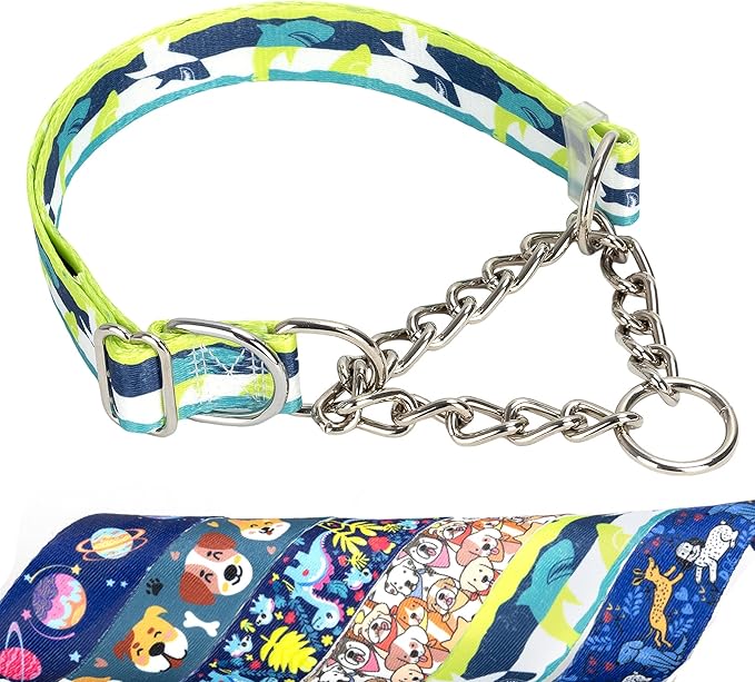 No-Pull Martingale Dog Collar with Chain - Adjustable Shark Pattern Choker Collar for Training, Anti-Pull Slip Collar for Medium, Large & XL Dogs（L）