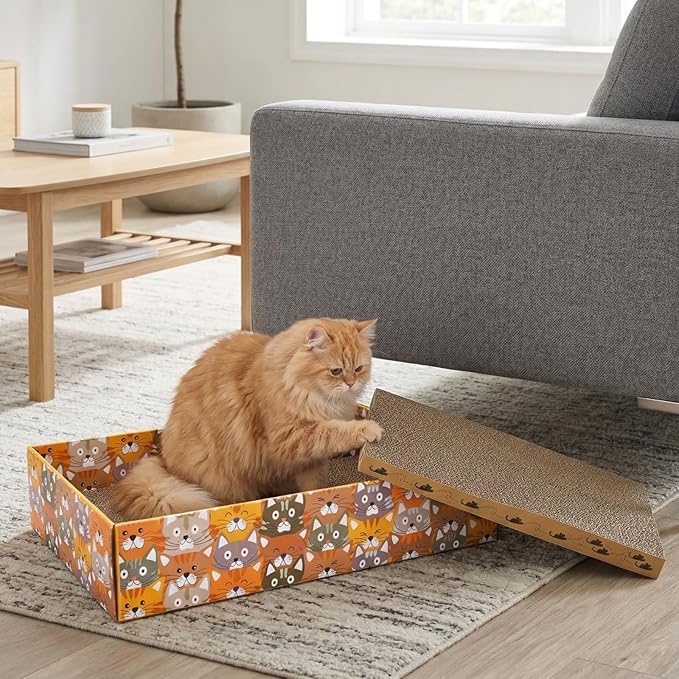 Set of 2 Cat Scratching Boxes, 17x10 in 6 Pcs Corrugated Cardboard Pad with 2 Boxes, Large Cute Reversible Kitty Sofa Bed, Refillable Wave Shaped Lounge, Interactive Kitten Toy for Indoor Cat