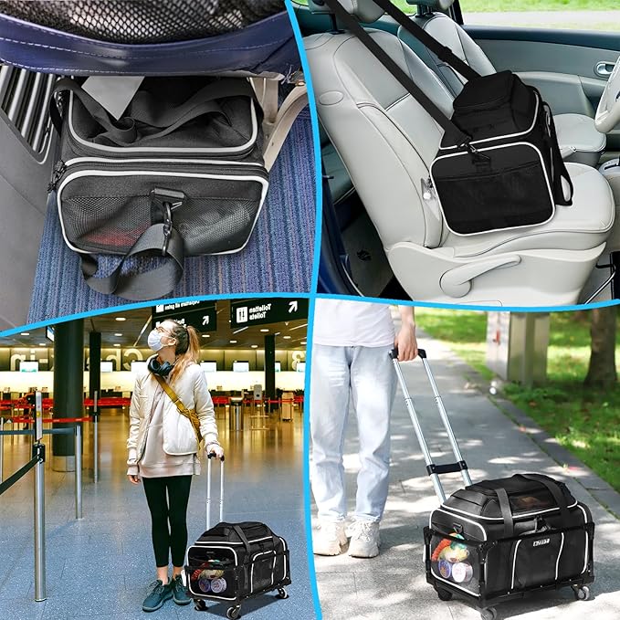 Petskd Top-Expandable Small Pet Carrier with Wheels (17" L x 11" W x 9.5" H), Alaska Airlines Approved, Rolling Pet Carrier for Small Dogs & Cats (Black)