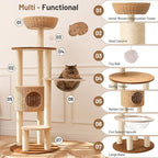 Rattan Cat Climbing Tower Condo with Scratching Post,Capsule,Basket,and Bed Modern Heavy Duty Cat Tree for Indoor Cat Large