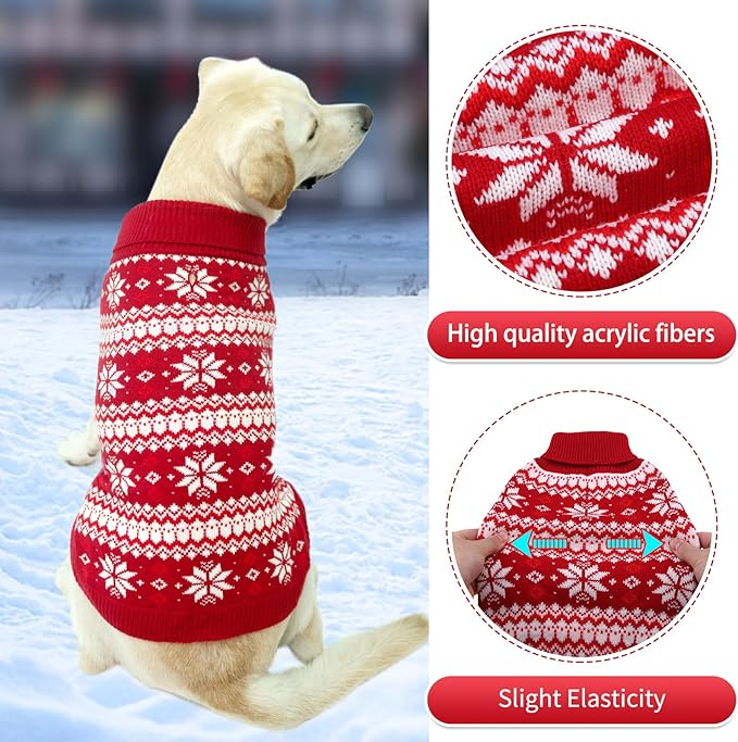 KOOLTAIL Cable Knit Dog Sweater Turtleneck, Cold Weather Pullover Classic Knitwear, Snowflake Pattern Thick Warm Winter Pet Clothes, Dog Christmas Sweater for Small Medium Large Dogs, Red M