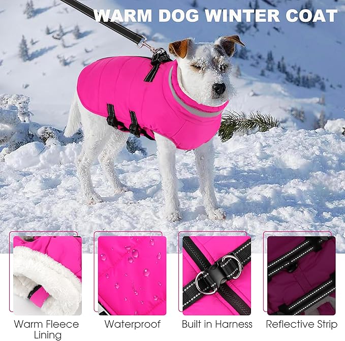 Mklhgty Large Dog Coat with Harness Built-in, Waterproof Reflective Fleece Lined - Warm Windproof Winter Jacket with Back Zipper, Cold Weather Snow Dog Coats - Pink - 2XL