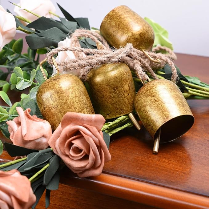 2 Pack Gold Metal Vintage Bells with Jute Hanging Rope, Decorative Cow Bell for Weddings, Parties, and Christmas Wreaths, Each 1.7W x 2.8H