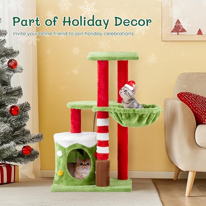 Christmas Decorations, Christmas Cat Tree Tower, 31.5 inch Cat Furniture with Condo & Hammock, Scratching Post for Indoor Cats, Green Red White Cat Tree with Massage Brush (31.5 in Christmas)