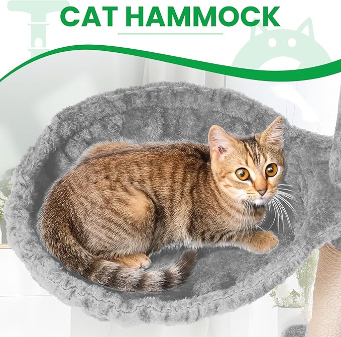 54 Inches Large Cat Tree Tower for Indoor Cat, Tall Cat Tower with Scratching Posts, Cat Condos, Cat Hammock, Pompoms, Top Perches, Sisal Rope, for Bed Room, Living Room (Light Grey)