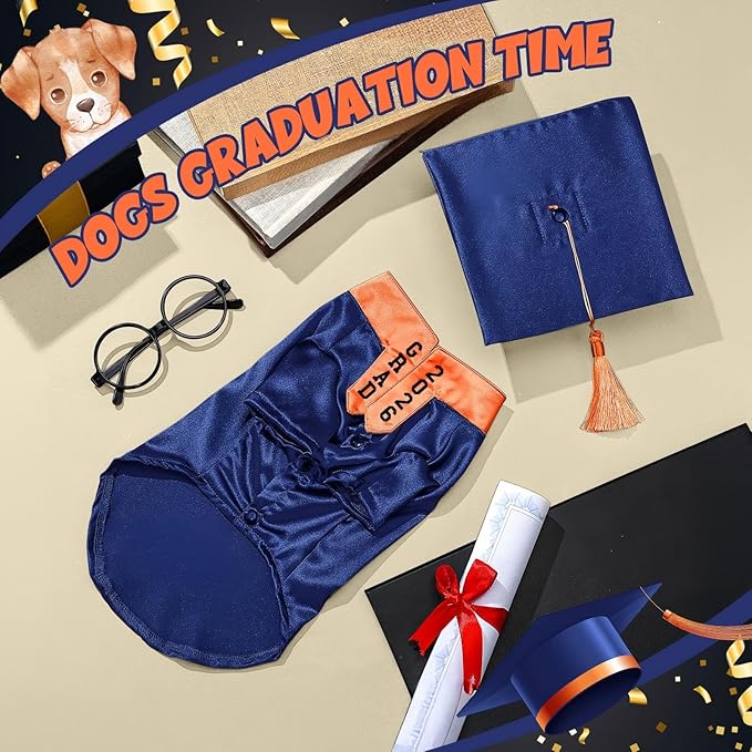 5 Pcs Dog Graduation Costume Set Include 2026 Pet Graduation Gown with Stole Puppy Grad Cap Lensless Glasses DIY Letter Stickers for Dogs Cats Holiday Costume Accessory(Blue Orange,XL)