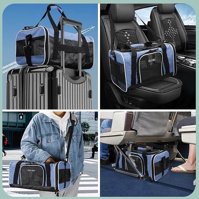 Petskd Pet Carrier 18x13x9.5 Southwest Airline Approved, Pet Travel Carrier Bag for Small Cats and Dogs, Soft Dog Carrier for 1-15 LBS Pets,Dog Cat Carrier with Safety Lock Zipper (Blue)