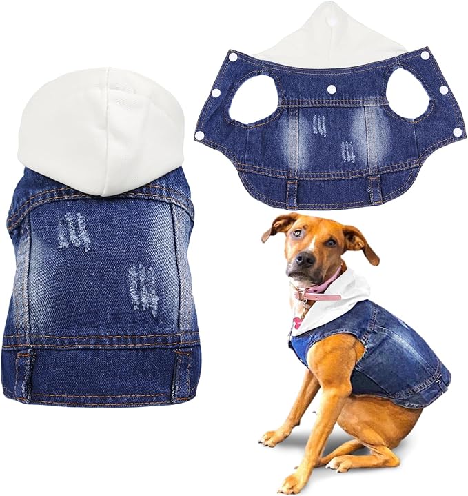 SILD Pet Clothes Dog Jeans Jacket Cool Blue Denim Coat Small Medium Dogs Lapel Vests Classic Hoodies Puppy Blue Vintage Washed Clothes (White,S)