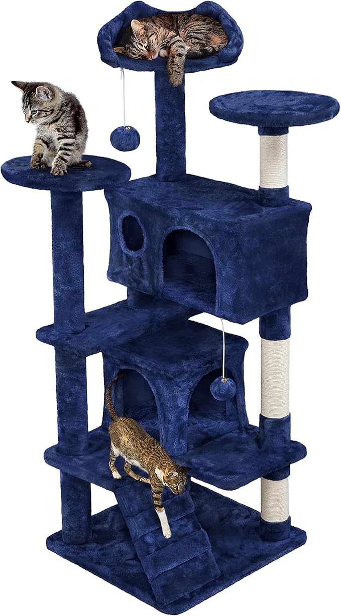 Topeakmart 54in Cat Tree, Cat Tower w/Large Cat Condo Scratching Posts and Perch, Cat Stand House Furniture, Navy Blue