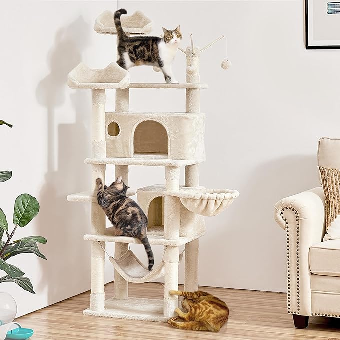 Topeakmart Cat Tree, 67in H Cat Tower for Indoor Cats, Multi-Level Climbing Tree with Scratching Posts Cat House w/Large Condo, Soft Hammock, Removable Cat Teaser Sticks, Beige