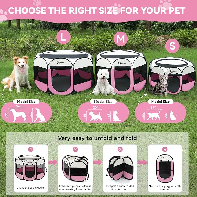 Dog Cat Playpen, Puppy Pet Playpen Indoor for Small Dog Crate Tent Cage Outdoor, Portable Pop Up Dogs Enclosure Kennel with Carrying Case for Dogs/Cats/Rabbits(Pink, Small with pad)