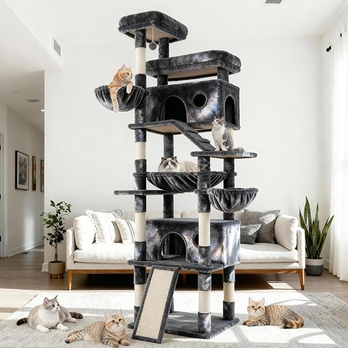 80 Inch Cat Tree, Large Cat Tower with 9 Scratching Posts, 2 Perches, 2 Caves, 2 Basket, 2 Stairs, Extra Large Hammock, Multi-Level Plush Cat Condo for Indoor Cats/Smoky Grey