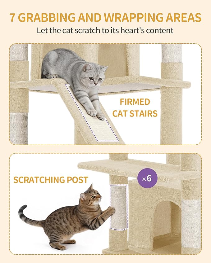Large Cat Tree, 72 Inch Tall Indoor Cat Tower for 6 Large Cats, Corner Climbing Activity Pet Condo with 2 Large Platforms/2 Cats House/6 Scratching Post/1 Hanging Basket, Beige MS18318YG