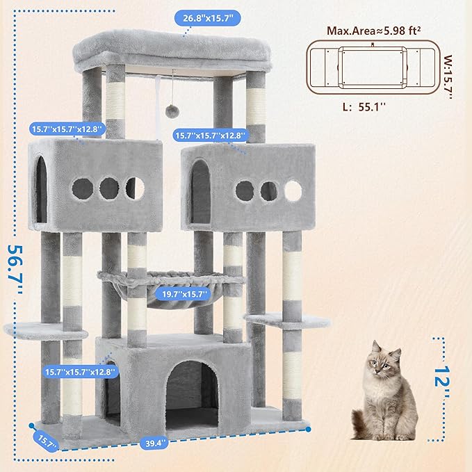 Hey-brother Cat Tree Tower, Large Sisal Scratching Posts with Big Platform, 3 Spacious Condos, Plush Hammock, Toy, 57.5 Inches Multi-Level Furniture for Indoor Adults Maine Coon, Light Gray MPJ083W