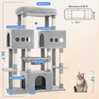 Hey-brother Cat Tree Tower, Large Sisal Scratching Posts with Big Platform, 3 Spacious Condos, Plush Hammock, Toy, 57.5 Inches Multi-Level Furniture for Indoor Adults Maine Coon, Light Gray MPJ083W