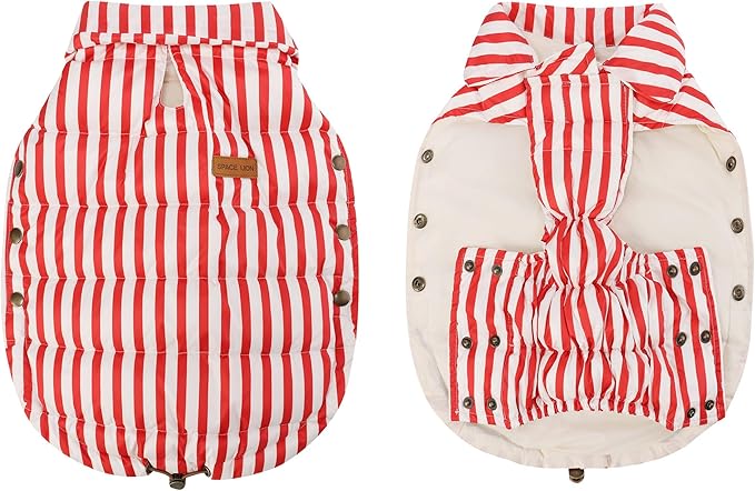 SPACE LION Dog Puffer Jacket, Down Winter Coat, Durable Outdoor Coat for Cold and Windy Conditions, Lightweight & Adjustable Fit Coats for Medium & Large Dogs,(RedStripe, Size18/L+)