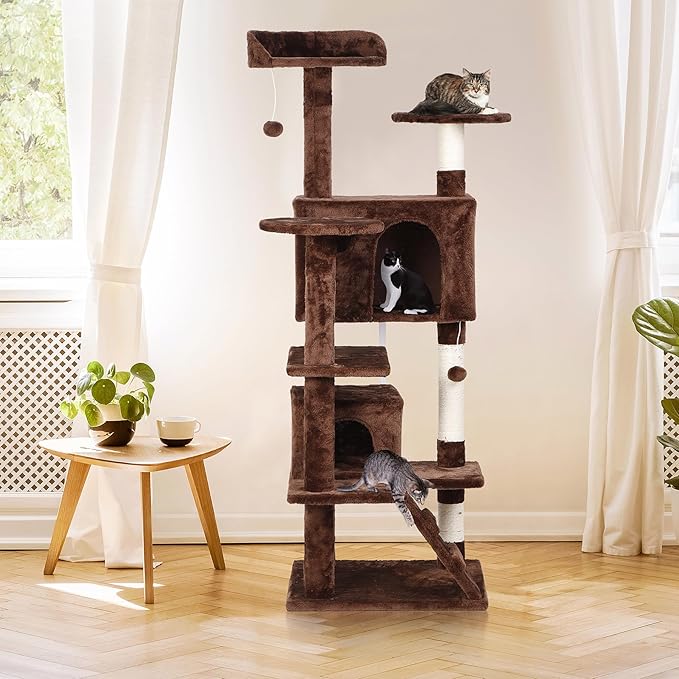 ZENY 53 inches Cat Tree with Sisal-Covered Scratching Posts and 2 Plush Rooms Cat Furniture for Kittens (Brown)