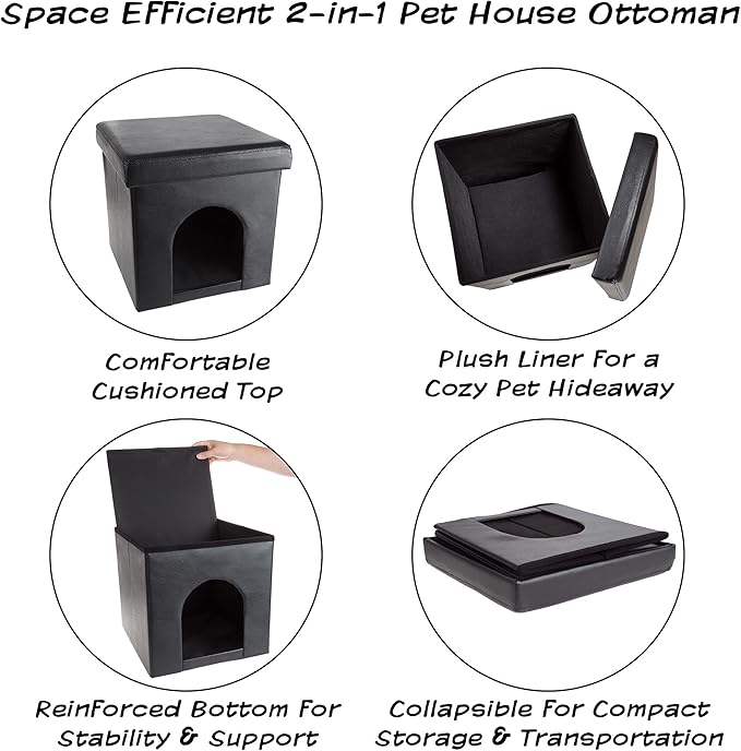 Cat House – Collapsible Multipurpose Small Dog or Cat Ottoman with Footrest, Cushioned Top, and Interior Pillow by PETMAKER (Black)