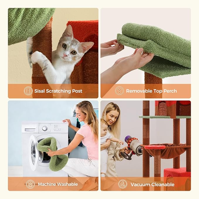 PETEPELA 69" Mushroom Cat Tree for Indoor Large Cats, Tall Cat Tower for Adult Cats with Big Hammock, Cat Climbing Tree Tower with Scratching Posts, Condo House and Large Top Perch, Brown