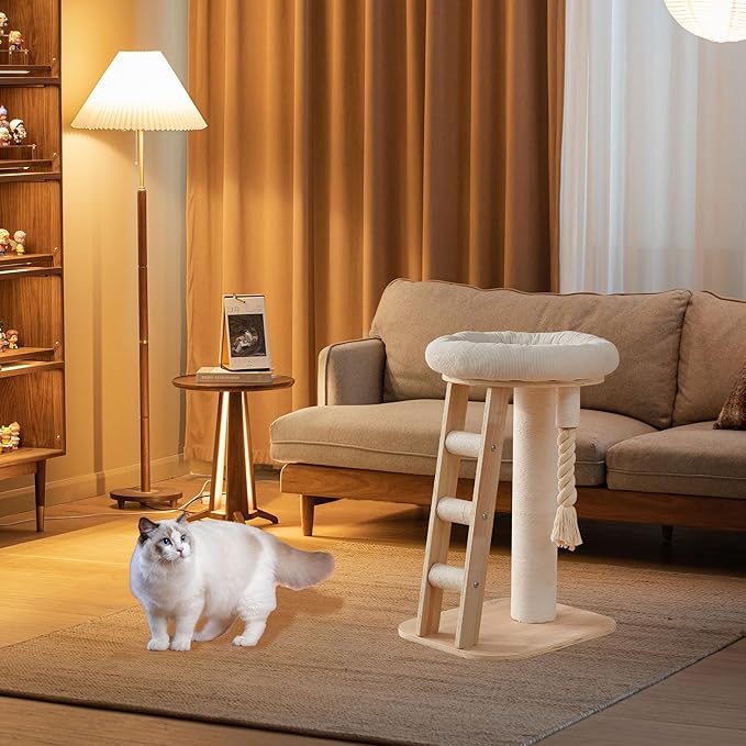 Modern Cat Tree Small Tower with Scratching Post for Indoor, Multifunctional Corner Cat Tree Tower with Bed, Cat Climbing Ladder, Dangling Ball,Interactive Rope,Scratching Post