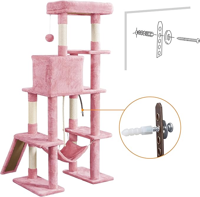 Topeakmart 63in Cat Tree, Large Cat Tower Furniture w/Cat Condo, Padded Platform & Sisal-Covered Scratching Post, Stable Cat Tower Pet Play House, Pink