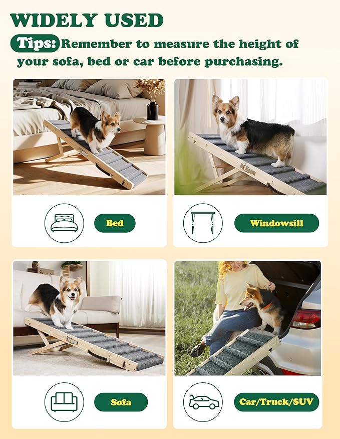 Dog Ramp Dog Stairs for Large Dogs Foldable Dog Ramp with 5 Adjustable Heights from 13.98'' to 27.56" Wood Pet Ramp with Non Slip Carpet Portable Puppy Ramp for Couch, Sofa, Bed, Car