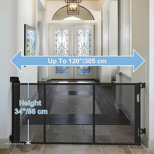 120 inches Extra Wide Baby Gate, 34 inches Tall Retractable Pet Gate for Large Openings, Hallways, Room Dividers, Mesh Safety Barrier for Indoor Outdoor Use, Black