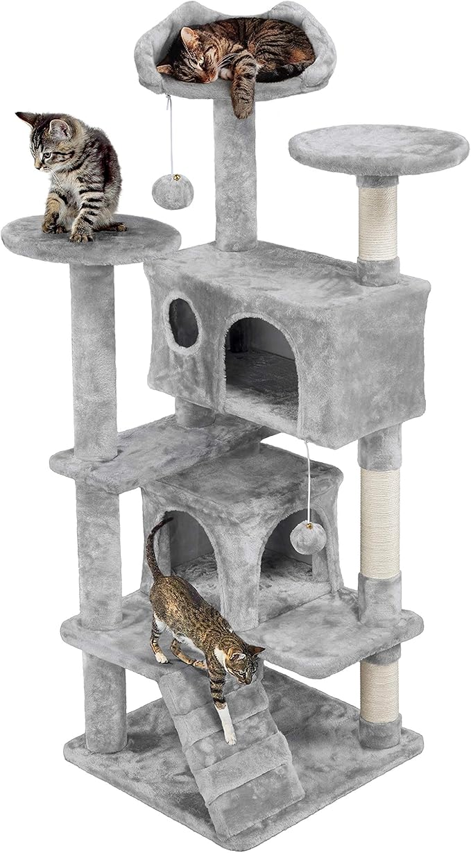 Topeakmart 54in Cat Tree, Cat Tower w/Large Cat Condo Scratching Posts and Perch, Cat Stand House Furniture, Light Gray