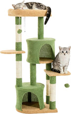 45.3-inch Multi-Level Cat Tree Tower with 3 Soft Platforms & 2 Cat Caves, Fully Wrapped Sisal Scratching Post for Indoor Cats, Dangling Toy, Green