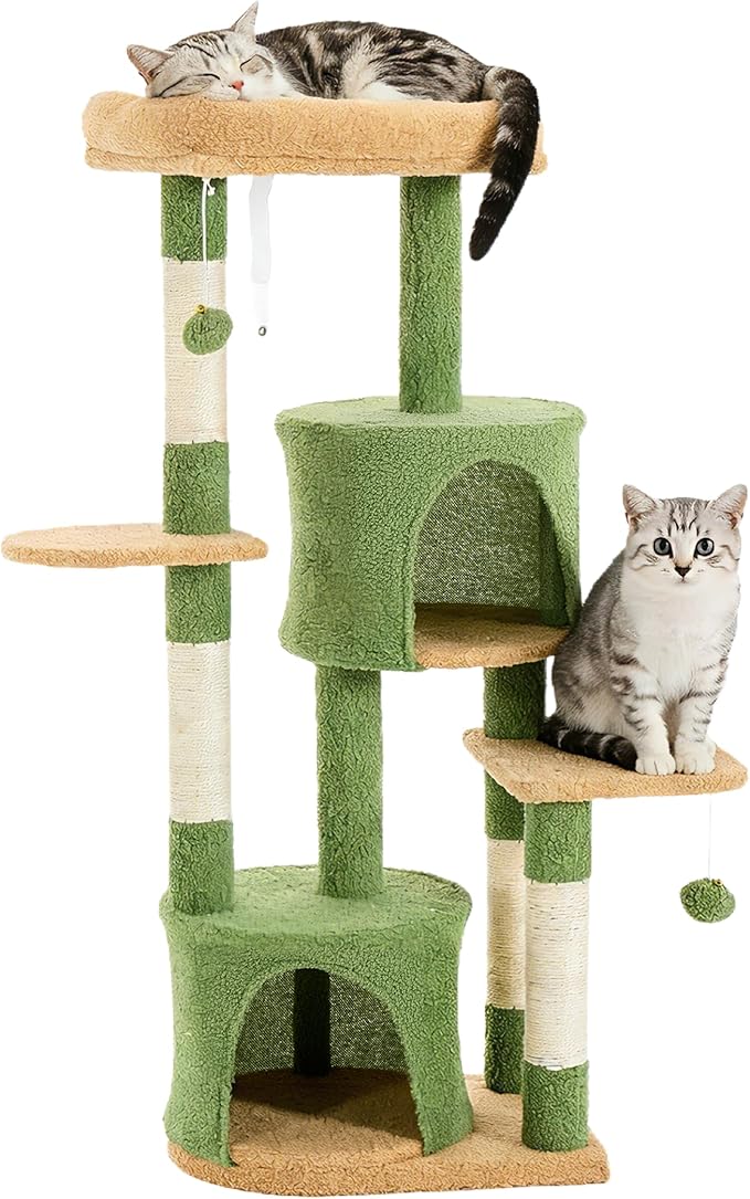 45.3-inch Multi-Level Cat Tree Tower with 3 Soft Platforms & 2 Cat Caves, Fully Wrapped Sisal Scratching Post for Indoor Cats, Dangling Toy, Green
