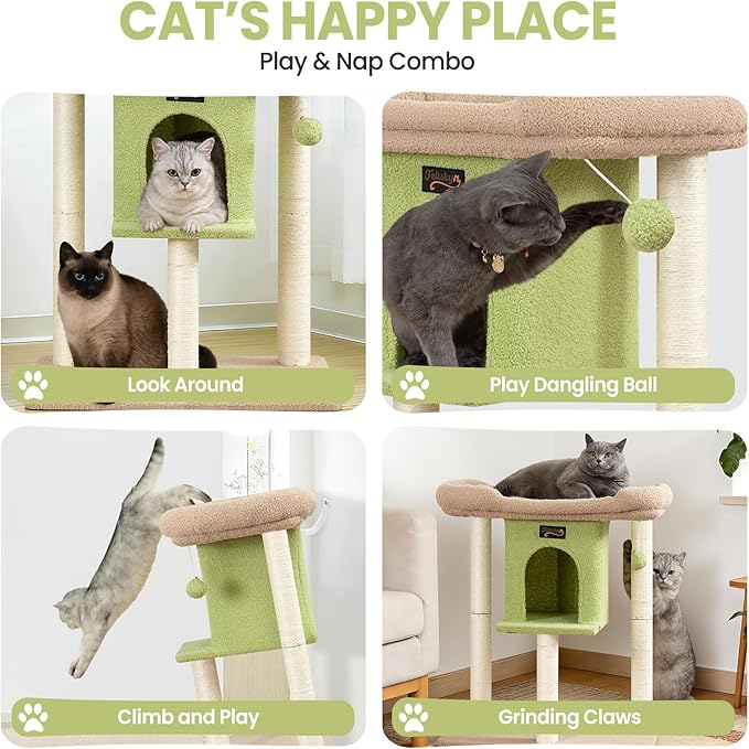 Cat Tree Tower Scratching Post for Indoor Large Cats, Small Cat Tree with Big Perch Bed, 28in Tall Trees House with Condo Cave, Toy Balls, Modern Climbing Furniture Platform for Kitten (Green)