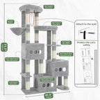 Cat Tree for Large Adult, 71.7'' Tall Cat Tower for Indoor Cats, Sturdy Heavy Duty Cat Tree Tower for 20 lbs+Cats, 3 Big Cat Condos, 10 Scratching Posts, 3 Platforms, Light Gray GCT036W