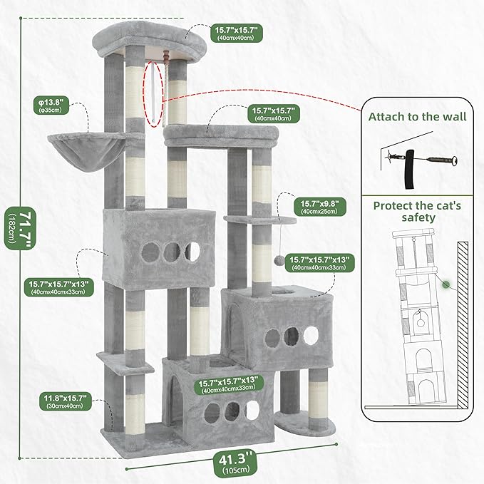 Cat Tree for Large Adult, 71.7'' Tall Cat Tower for Indoor Cats, Sturdy Heavy Duty Cat Tree Tower for 20 lbs+Cats, 3 Big Cat Condos, 10 Scratching Posts, 3 Platforms, Light Gray GCT036W