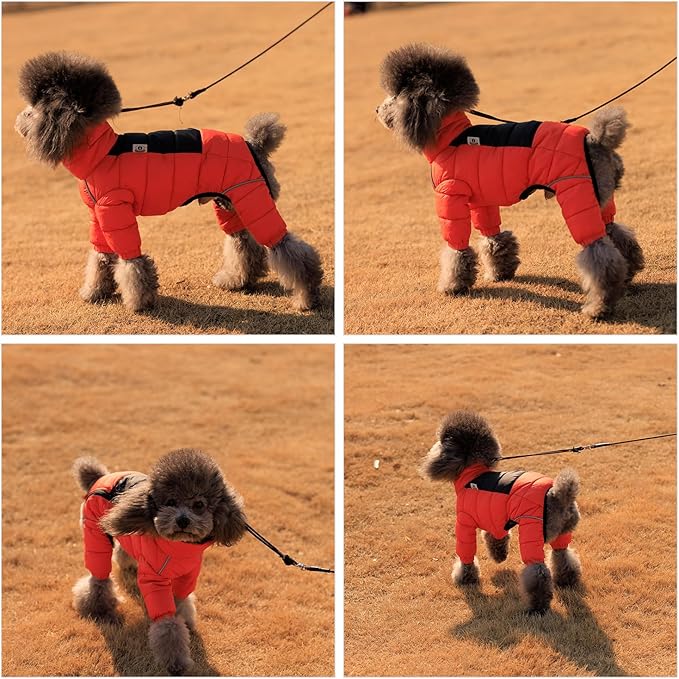 Orange S Warm Dog Vest, 4 Legs Covered Windproof Reflective Waterproof Outdoor Dog Snow Jacket - Zippered Adjustable Sizes for Small to Large Dogs