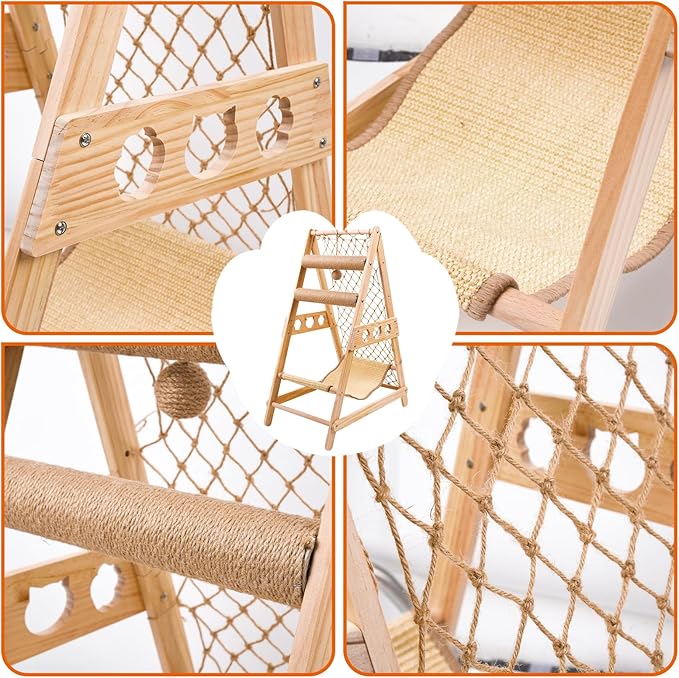 Cat Tree Ladder, Ladder Cat Tree with Hammock Scratching Post Climbing Web and Danging Sisal Ball, Cat Ladders Can Accommodate Multiple Cats and Can be Removed by The Window