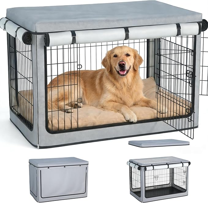 36 inch Dog Crate Cover, Heavy Duty 1680D Waterproof Oxford Cloth with Breathable Mesh & Detachable Sunshade, Universal Fit for Wire Crates, Dog Cage Cover All-Weather Indoor Outdoor Use.