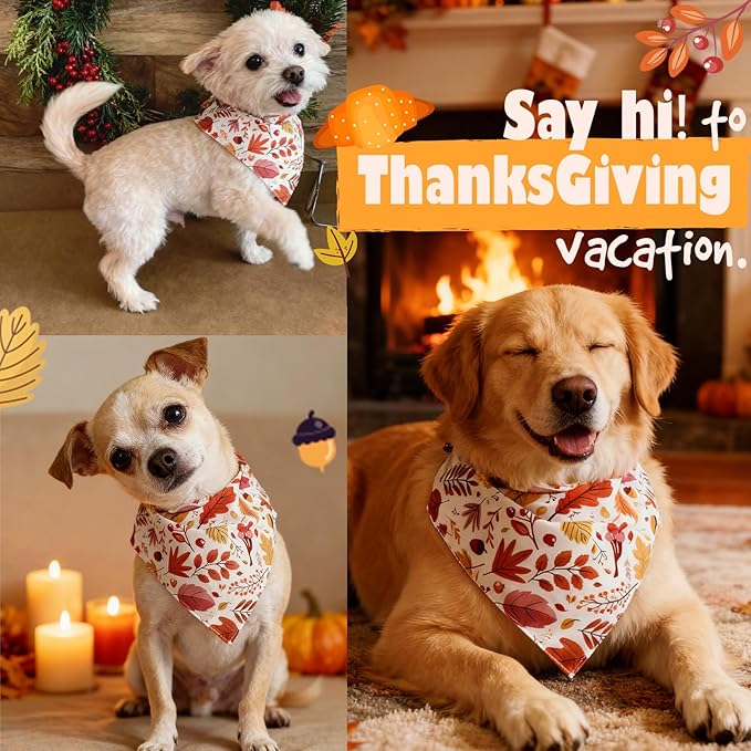 Fall Dog Bandanas - Colorful Autumn Leaves, Acorns & Berries Print, Thanksgiving Holiday Triangle Pet Scarf with Snap Button, Small and Medium Breed, 5-30lbs