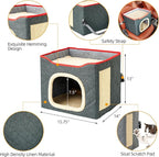 Cat Houses for Indoor Cat, Large 2-Sided Reversible Cushion Cat Condo with Safety Strap, Foldable Cat Hideway with Sisal Scratch Pad, All Seasons Pet Bed for Multi Cats,Dark Grey
