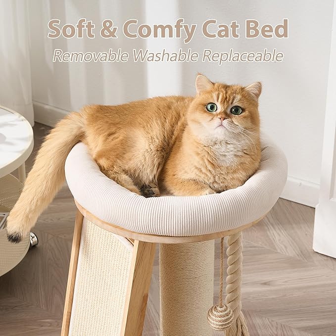 Modern Cat Tree Small Tower with Scratching Post for Indoor, Solid Wood Multifunctional Corner Cat Tree Tower with Bed, Dangling Ball,Interactive Rope, Scratching Board