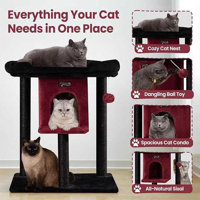 Cat Tree Tower Scratching Post for Indoor Large Cats, Small Cat Tree with Big Perch Bed, 28in Tall Trees House with Condo Cave, Toy Balls, Modern Climbing Furniture Platform for Kitten (Black)