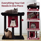 Cat Tree Tower Scratching Post for Indoor Large Cats, Small Cat Tree with Big Perch Bed, 28in Tall Trees House with Condo Cave, Toy Balls, Modern Climbing Furniture Platform for Kitten (Black)