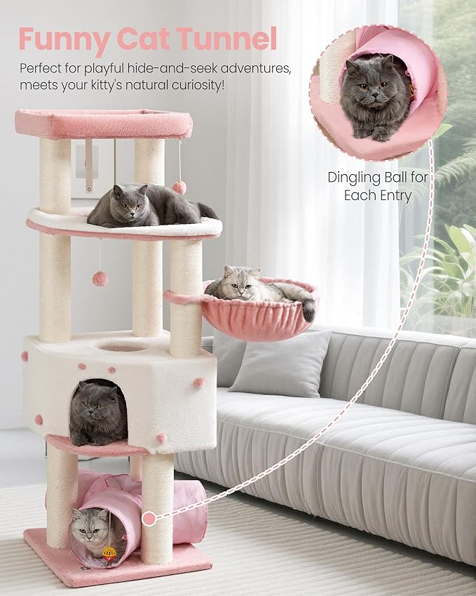 Heavy Duty Cat Tree for Large Cats Adult - 60 Inch XXL Sturdy Cat Tower Condo with Extra Wide Scratching Posts (φ4.4in) Big Cat House Hammock Perch - Indoor Wood Modern Multi Level Corner Cat Bed