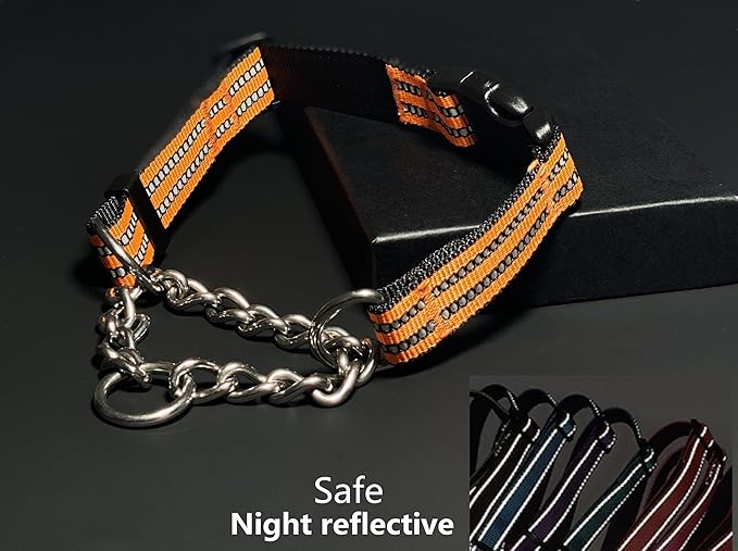 Martingale Collars for Dogs, Heavy Duty Stainless Steel Chain Training Collar, Reflective Nylon Adjustable Collar with Quick Release Buckle, Suitable for Puppy Medium Large Dogs (Orange, M)
