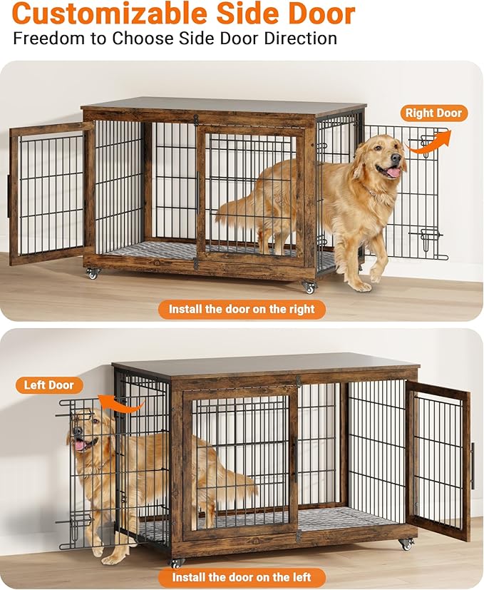 Dog Crate Furniture with Cushion Set of 2, Wooden Dog Kennel Indoor with Double Doors, Dog Cage with Wheels, Dog House Side End Table for Large Dogs up to 85 lb, 44" L, Rustic Brown
