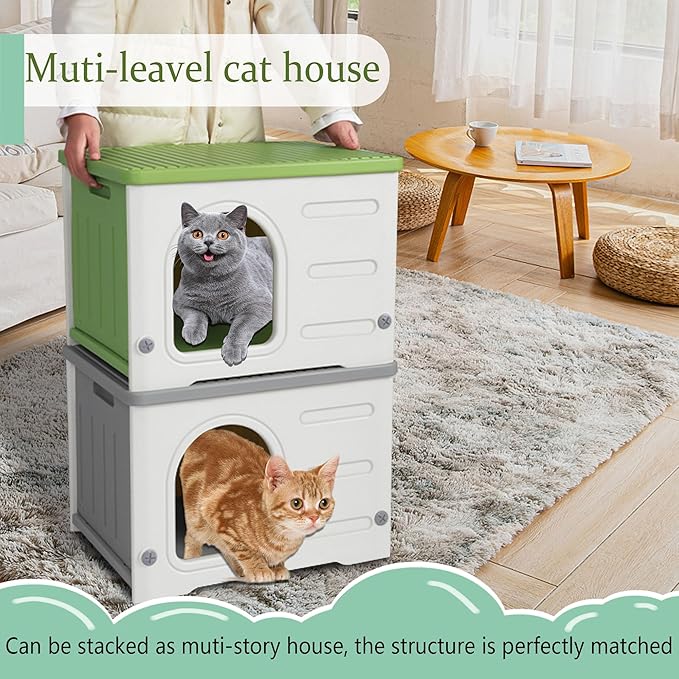 Plastic Cat House Outdoor & Indoor, Feral Cat Houses Waterproof Outdoor Cat House for Feral Cats, Outside Cat Shelter for Small Pet, Assemble and Clean Easily-Grey