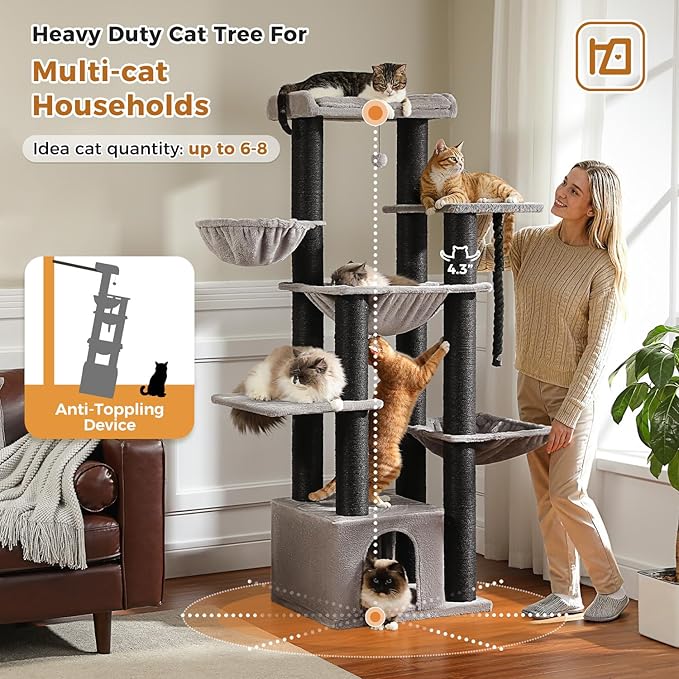 PETEPELA 67" XXL Cat Tree for Large Cats up to 25 lbs, Heavy Duty Cat Tower w/13 Extra-Thick Sisal Scratching Posts [φ4.3”], Cat Furniture with Metal Frame Hammock & XL Condo for Maine Coon, Black