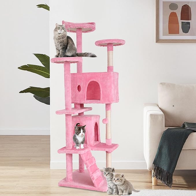 Heavy Duty Cat Tree, 70 Inch Tall Tower With 3 Top Perches Platforms & 2 Cozy Condos, Climbing Tower With Ladders & Sisal Pole, Scratching Tree for Large Cats Play House, Pink