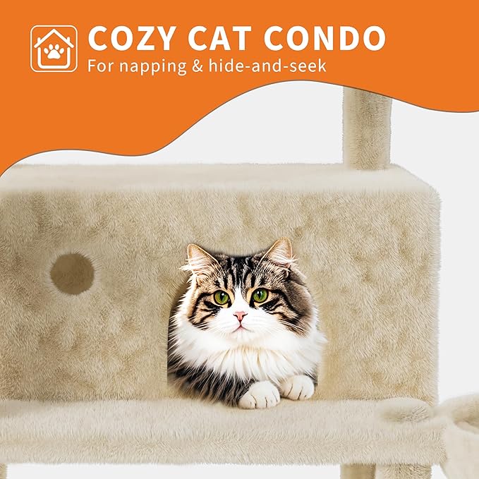 68.5 in Multi-Level Cat Tree for Indoor Cats Large Adult Heavy Duty Cat Tower for Large Cats with 2 Condos/Plush Perches/Sisal Scratching Posts/Hammocks/Basket/Dangling Balls, #2604 Beige
