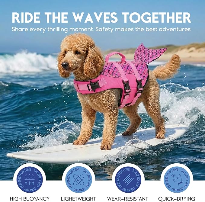 ASENKU Dog Life Jacket - Pet Safety Vest for Swimming & Boating, Shark Life Jacket with Floatation, Dog Lifesavers Swimsuits for Small Medium Large Dogs (Mermaid Pink, 2XL)