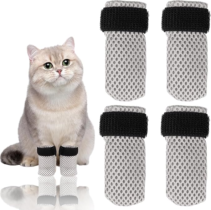 4Pcs Cat Boots, Cat Mittens to Prevent Scratching, Adjustable Mesh Cats Claw Protectors Non-Slip Breathablesuitable for Pet Bathing, Cutting Nails, Injecting(M,Gray)